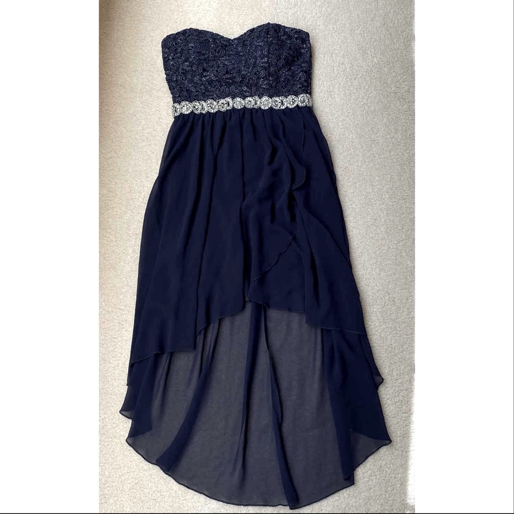 Jodi Kristopher Navy Silver Strapless Hi-Lo Dress